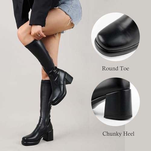 LanreyTaley Elastic Women Knee High Boots Platform Chunky Heel Tall Boots Suede Dress Boots Side Zipper Stretch Boots Fall2