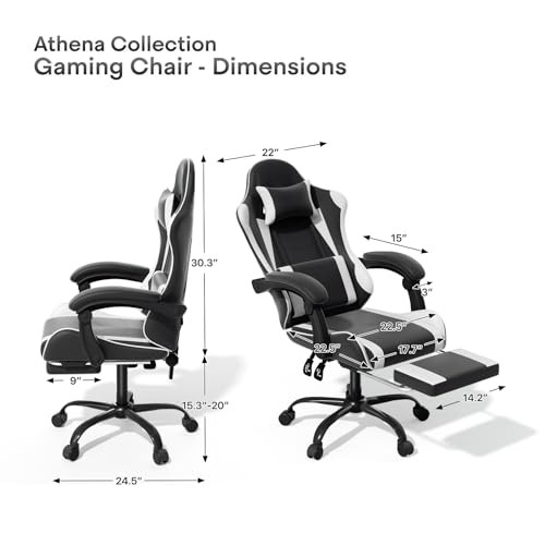 Image of Athena Collection Ergonomic Gaming Chair for Adults, White | Height Adjustable Office Chair Computer Desk Chair with Footrest & Headrest Lumbar Support for Office & Home, 350lbs