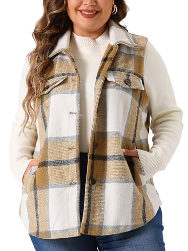 Agnes Orinda Plus Size Coat for Women Plaid Vest Coat Slash Pocket Sleeveless Button Down Jacket Outerwear
