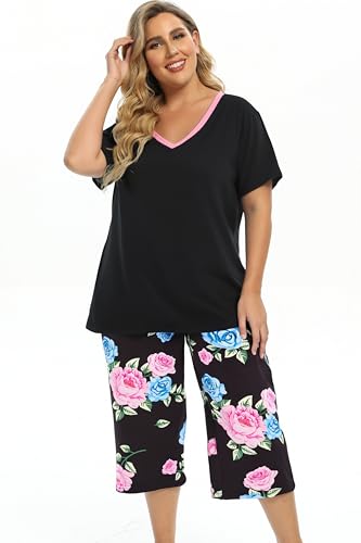 Image of Vozanet Women's Pajamas Set Soft V Neck Sleepwear Top and Capri Pj Lounge Sets Cartoon Heart Shape Cat Nighty Plus Size