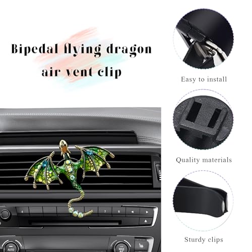 Image of 2PCS Bling Wyvern Car Air Freshener Vent Clips, Alloy Enamel Dragon Auto Outlet Clips with Fragrance Tablets, Refillable Cute Flying Dragon Crystal Vent Clip Aroma Diffuser (Green)