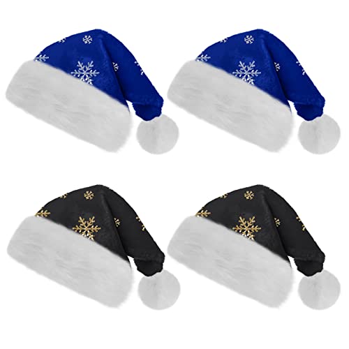 Deggodech Weihnachtsmütze Santa Hat, Plüsch 4Pcs Blau und Schwarz Nikolausmütze mit Golden Silber Pailletten Schneeflocke für Neujahr Festliche Weihnachtsfeier Erwachsene Kinder Teenager Cover