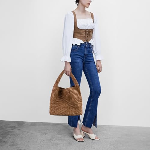 Image of Woven Tote Bag for Women with Purse, Vegan Leather Hobo Bags Large Handmade Underarm Shoulder Bag