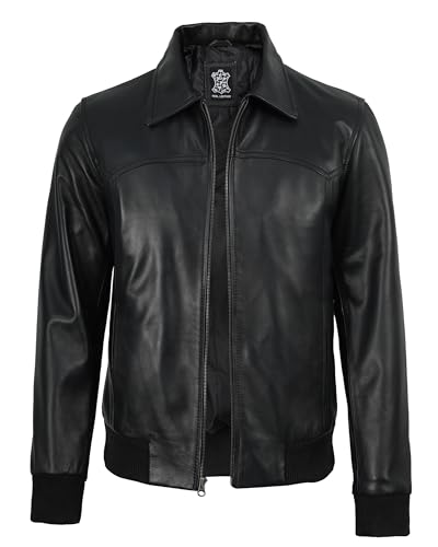 Image of Decrum Men's Bomber Leather Jacket - Vintage Style Real Lambskin Leather Jacket with Rib-Knit Cuffs and Hem