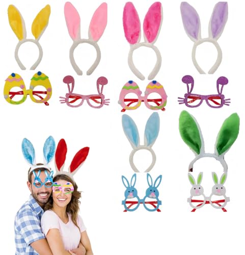 HATINXIA 12Pcs Easter Bunny Ears Headband with Glasses Set Fluffy Faux Fur Costume Headbands for Adult Easter Party Supplies