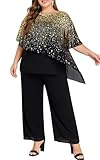 Hanna Nikole Women Plus Size Semi Formal Pant Sets 2 Piece Suit Dressy Chiffon Mother of Groom Pantsuits Black XL