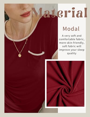 Image of Ekouaer Womens Nightgown Sleep Shirt Dress Satin Patchwork Short Sleeve Sleepwear with Pocket