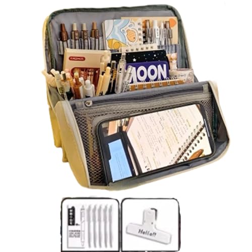 Image of BDYQYNYW Large Capacity Standing Pencil Case, Ultra-Spacious Organizer with Phone Stand, comes with 5 Pens and Notepad Clip (Beige)