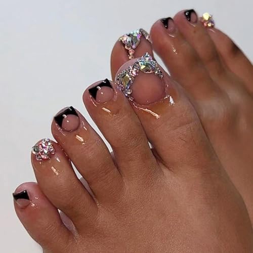 Black French Press on Toenails Short Square Fake Toe Nails Press ...