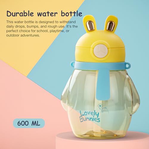 Image of BAYBEE Lovely Bunnies Kids Water Bottle 600ml | BPA Free & Leakproof Safe Sipper Bottle with Straw | Cute Rabbit Design Smooth Sipping with Handle & Strap, Flip Lid for School Kids & Babys (Yellow)