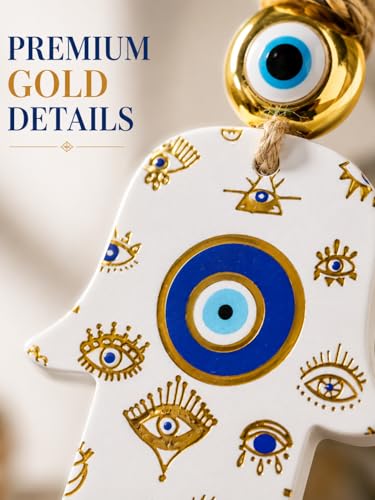 Image of Handcrafted Evil Eye Hamsa Hanging for Home Entrance Decor | Turkish Nazar Protection Wall Hanging | Ceramic Hand of Fatima Ornament with Jute Rope | Housewarming Gift for Home & Office