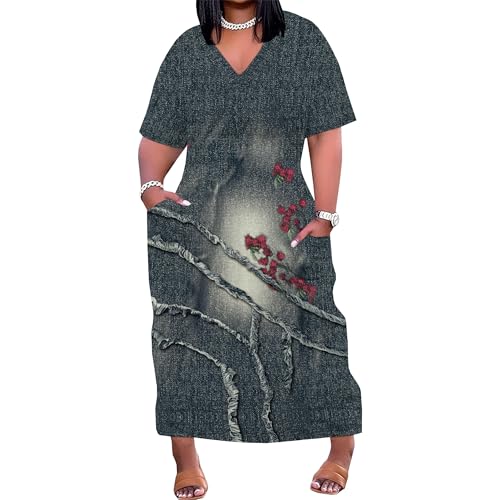 Image of SUZONANA Plus Size Denim Print Shirt Maxi Dresses for Curvy Women Casual Blue Jean Summer Outfits Long Short Sleeve Dress with Pockets Patchwork 5XL