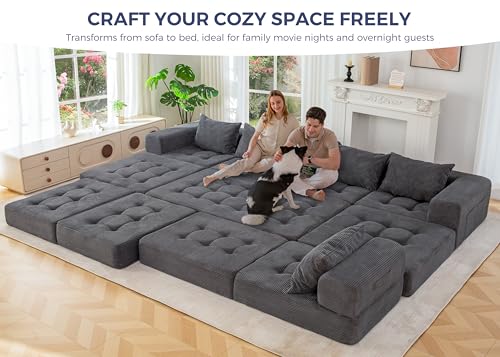 Image of MAXYOYO Modular Sectional Sofa Couch, Foldable U Shaped Cloud Couch with Pillows, Tufted 7-Seat Boneless Lounger Floor Sofa Bed for Living Room, No Assembly Required, Dark Grey