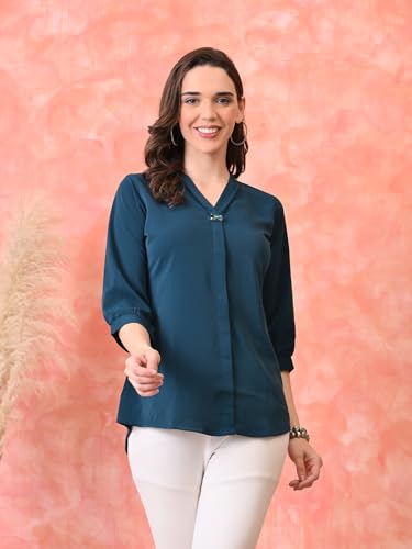 Image of nioni Women's Purple Poly Linen Blend Tunic Top with 3 /4 Sleeves, Printed Yoke, Kantha Stitch Detailing & Mandarin Collar