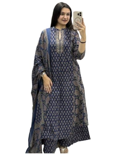 Image of GoSriKi Kurta Sets for Women Viscose Blend Printed | Kurti Set for Woman | Kurta Palazzo Dupatta Set | A Line Kurti | Mandarin Collar 3 /4 Sleeve Suit Set for Women Stylish Ethnic Outfit
