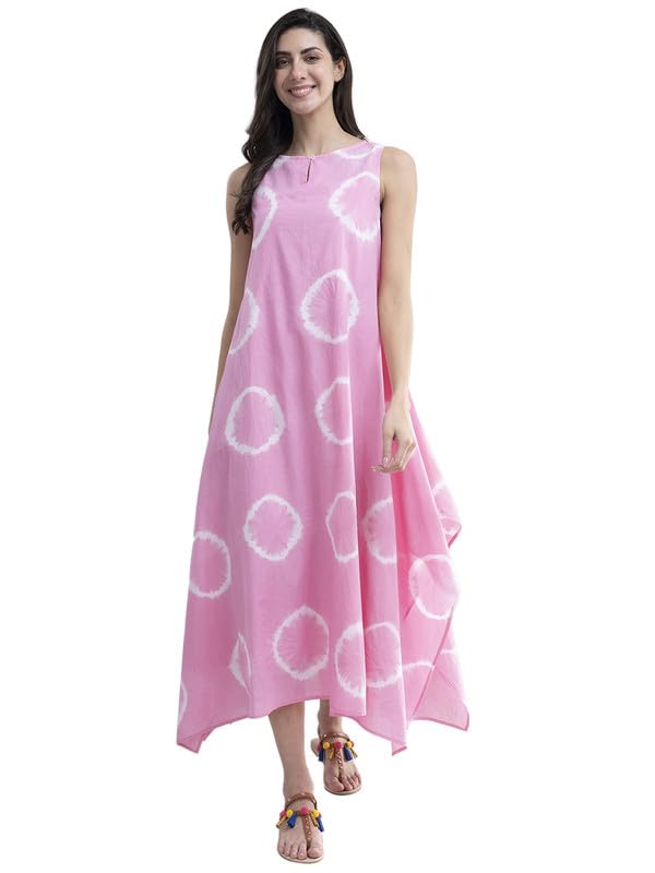 Women Casual Cotton Tie and Dye Handkerchief Dress | Flared Silhouette Boat Neck 2 Pockets | Pink-image-9