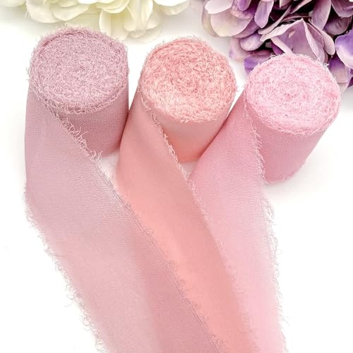 JZK 3X Dusty Pink raw Edge Chiffon Ribbon Rolls, 5m/roll - Image 4
