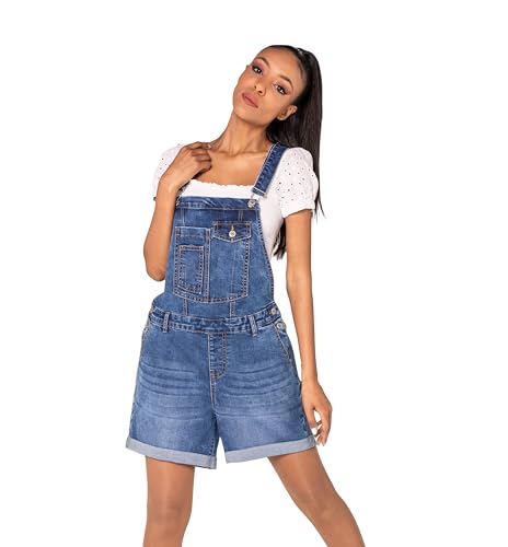 Nina Carter S511 Damen kurze Latzhose Jeans Boyfriend Denim Overall Jumpsuit Used-Look Sommeroverall (S, Dunkelblau (S511-3))