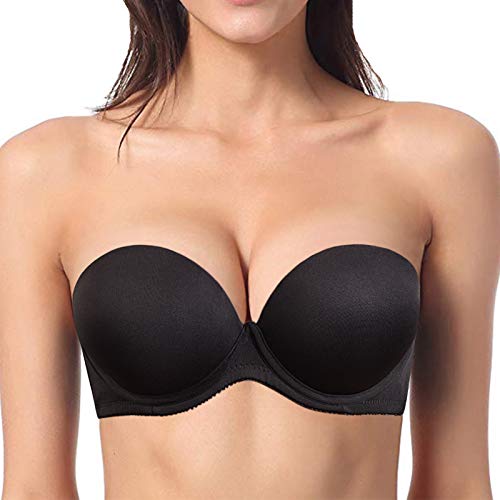 YBCG Push up Strapless Convertible Thick Padded Underwire Supportive Bra for Women's Wedding,36C Black