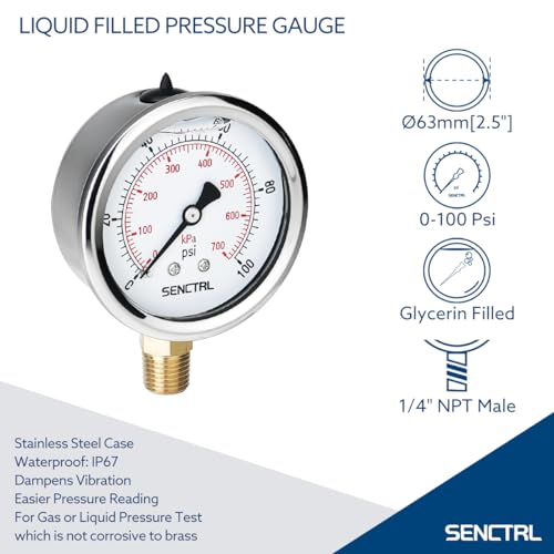 senctrl 0-100 psi glycerin liquid filled low pressure gauge 2534 dial size 1434 npt lower mount stainless steel case for water pump pneumatic air well rv hose tank gas pressure test