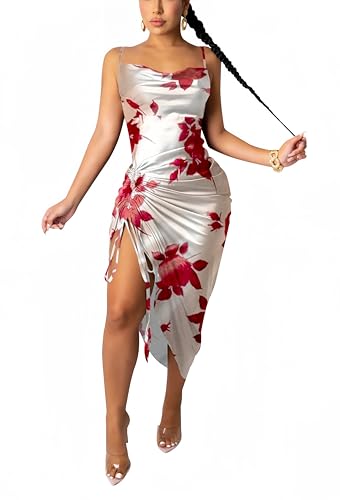 Image of Club Dress Sexy Dress for Women Wedding Party Birthday Cocktail Spaghetti Strap Satin Side Ruched Midi Mini Dress
