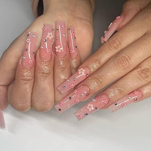 JUSTOTRY 24 Pcs Square Fake Nails Medium, Blue and Green French Press on Nails Patterns, Ballerina Stick on Nails for Women, Acrylic False Nails Coffin with Glue for Nail Art