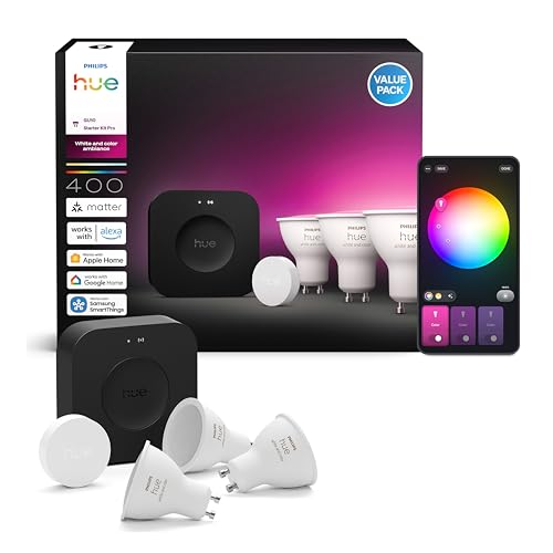 Philips Hue Starter Kit, Con Bridge Pro, 3 lampadine smart GU10 e Smart button, Lampadine intelligenti con luce bianca e colorata, Luci smart compatibili con Alexa, Google Assistant e Apple Home
