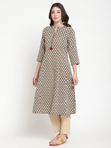 Image of SAVI Beige and Black Cotton Printed Flared Kurta