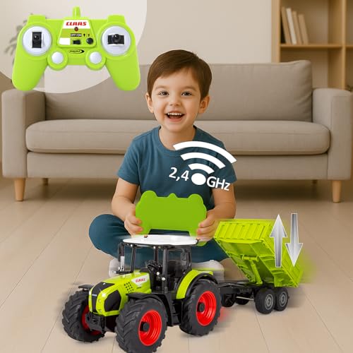 JAMARA 405360 Claas Arion 660 mit Kippanhänger 1:24 2,4GHz - Spielzeug Traktor ferngesteuert, Kinder Fahrzeuge Modell Landwirtschaft, Geschenk für Kinder, Licht, Anhängerkupplung
