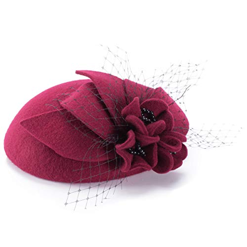 Womens Ladies Socialite Flower Black Pearl Wool Felt Fascinator Pillbox Tilt Hat A044 (Wine)