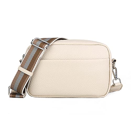 Youlity Damen Breiter Gurt Kleine Leder Umhängetasche mit Breitem Schultergurt Crossbody Bag Handytaschen Handtasche Schultertasche Moderne Taschen (Beige) Cover