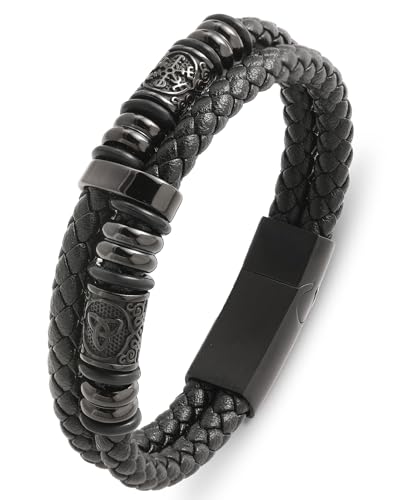 Mens Cuff Viking Bracelet - Celtic Knot and Compass 316L Stainless Steel Leather Bracelets for Men - Double Row Punk Jewelry