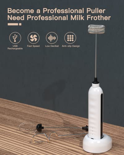Milk Frother Handheld, Usb Rechargeable Milk Foam Maker With 3 Stainless Whisks, Mini Blender Mixer 3 Speeds Adjustable For Coffee, Latte, Cappuccino, Matcha, Hot Chocolate, Egg, White #TOP1