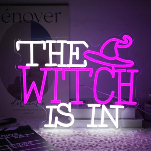 Image of The Witch Is In Neon Sign Gothic LED Lamp for Wall Halloween Party Decor | Dimmable Witch Hat Neon Light, Purple White Letter Neon Wall Sign, Acrylic Halloween LED Sign, Haunted Mansion House Decor