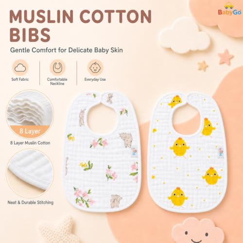 Image of BabyGo Muslin Cotton Baby Bibs | Pure Cotton 8-Layer Super Absorbent Cartoon Print Feeding & Drool Bibs | Ultra-Soft, Washable & Reusable Bibs for Infants, Toddlers & Newborns | Pack of 2 (Multicolor)