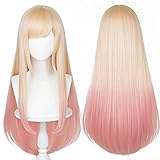 Ombre Pink Wig for Cosplay Costume Wig Straight Blonde Golden Anime Cute Kawaii Wig with Bangs + Cap (Ombre Pink)