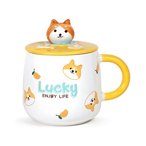 GinkgoHome Cute Dog Ceramic Mug with Spoon and Lid (Style B) Cover