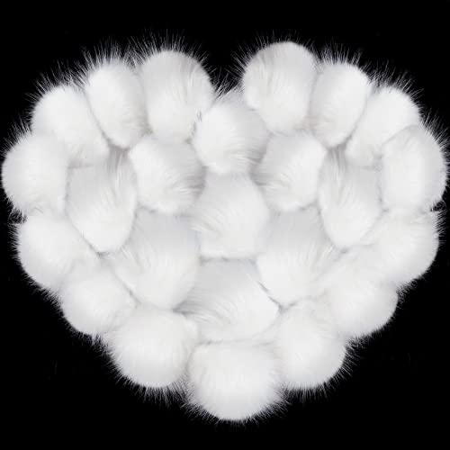 24Pcs White Faux Fur Pompom Fluffy Balls- DIY Faux Fox Fur Pom Poms with Elastic Loop Detachable Knitting Accessories for Knitting Hats Beanies Shoes Scarves Gloves Bags Keychains Charms