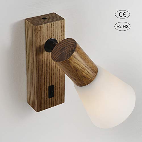 Ouglres Vintage Wooden Wall Light with Switch, White Glass Lampshade, Rotatable, Industrial Design Bedside Lamp, Living Room - Image 3