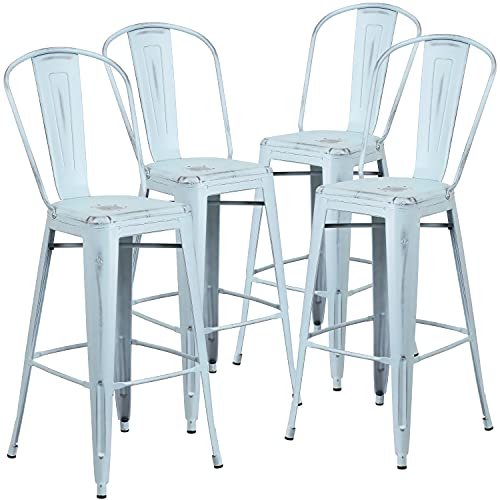 Flash Furniture Lot de 4 tabourets de Bar en métal Vieilli de qualité Commerciale avec Dossier, Vert-Bleu, 76,2 cm de Haut