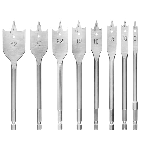 Aoyfuwell 8-Piece Wood Spade Drill Bits Set 6-32mm Spade Drill Bit Set Heavy Duty Flat Wood Bit Sets 1/4 inch Hex Shank Paddle Tools Flat Bits Blades Set for Woodworking Plastic Chipboard