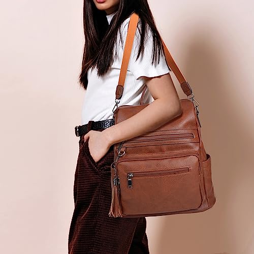 ECOTISH Damen-Rucksack veganem Leder Groß Stylisch Frauen Designer Schultertasche Reiserucksack mit Quaste Cityrucksack Rucksacktasche (Braun)