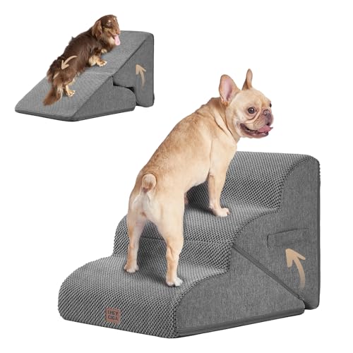 EHEYCIGA Curved Foldable Dog Stairs Ramp for Small Dogs 16" H, 3-Step Dog Steps for Couch Sofa and Chair, Pet Stairs for Cats, Non-Slip Balanced Pet Steps Indoor, Grey