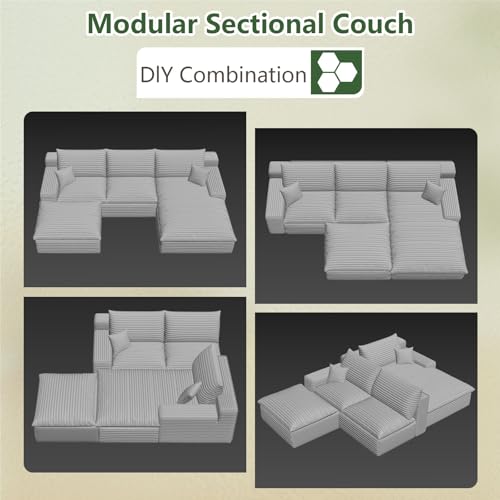 Image of 107 inch Cloud Couch Modular Sectional Sofa for Living Room, U-Shape Boneless Couch with Deep Seat, Modern Corduroy 3-Seater with Ottoman, No Assembly Required (Black,Right-Facing Chaise)