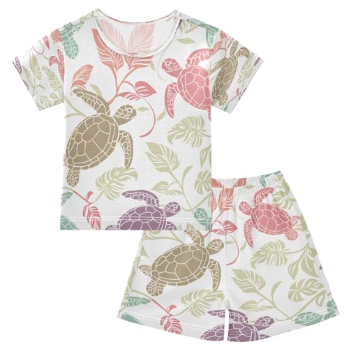 senya Short Sleeve Pajamas Sets Summer Cotton Sleepwear Multicolor Turtles and Tropical Leaves