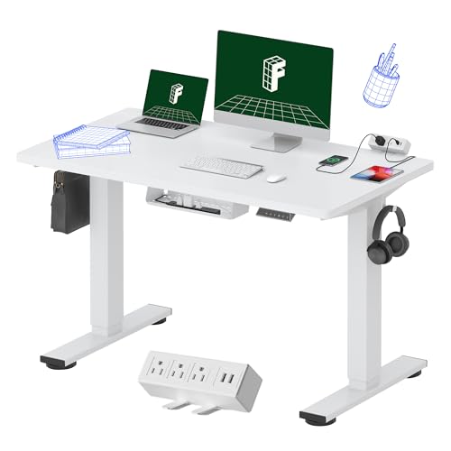 Image of FLEXISPOT EN2 Whole-Piece Standing Desk with Clamp Power Strip, 48x24 Electric Stand Up Height Adjustable Desk with Cable Management (White Frame + 48 inch White Top)