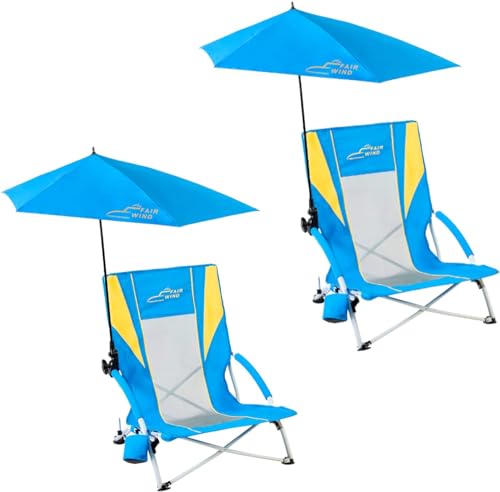 FAIR WIND 2 Pack Beach Chair with Umbrella for Adults Shade Chair Folding Backpack Portable Concert Bag Sand Chair with Cup Holder - Ocean Blue with Yellow