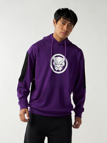 Image of Bewakoof X Marvel Black Panther Men's Polycotton Oversized Fit Hoodies | Hoodie for Men Winter Wear