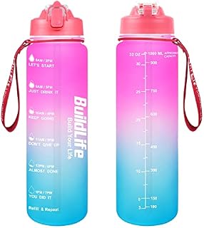 BuildLife 1 litre Sports Water Bottles with Straw - BPA Free Drinks Water Bottle with Time Markings & Lock Cover, Leak Proof Daily Water Intake Bottle for Gift,Gym,School,Cycling (Green Pink)