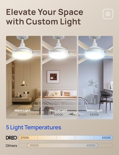Image of DREO Ceiling Fans with Lights and Remote, 52'' White Ceiling Fan, 5CCT, 6-Level Dimmable, 6 Speeds, Quick-install, Quiet Reversible DC Motor, 1-4-8H Timer, Bedroom Ceiling Fan